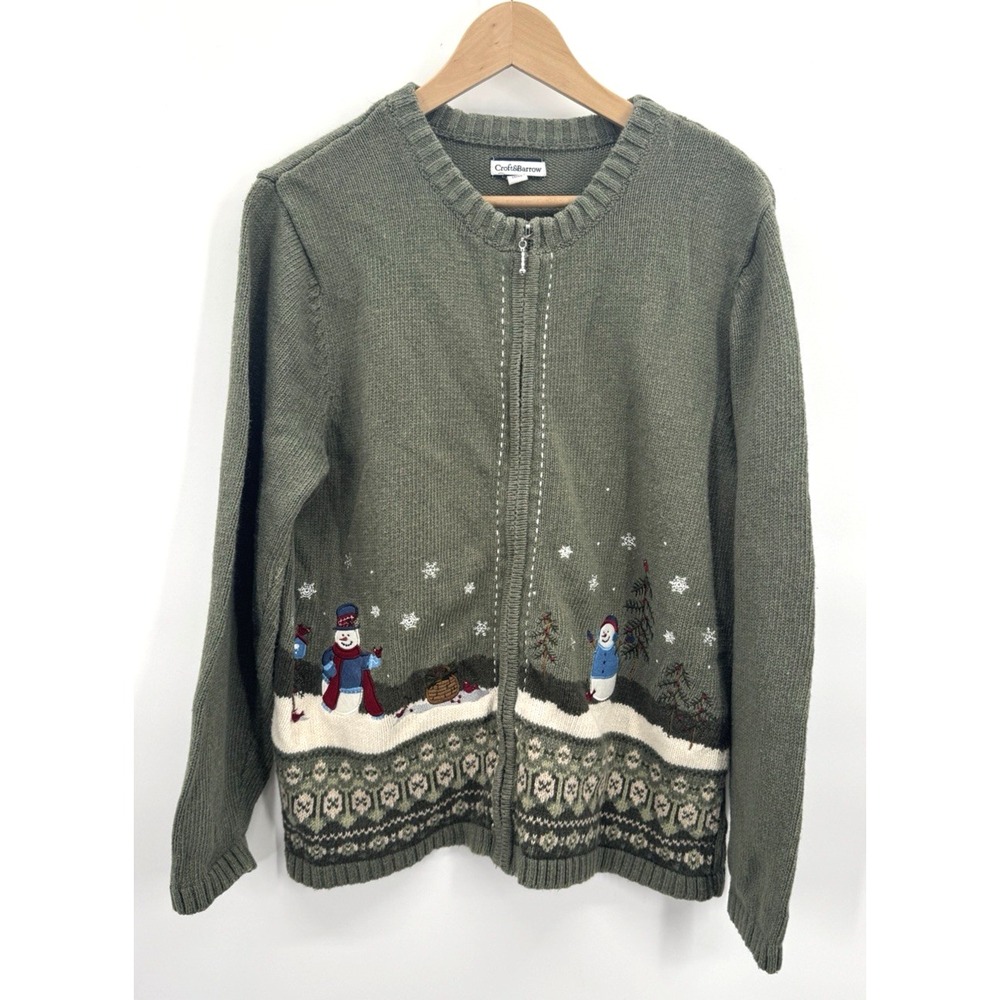 VTG Y2K Croft & Barrow Snowman Embroidered Silk Ramie Cardigan XL Winter Novelty